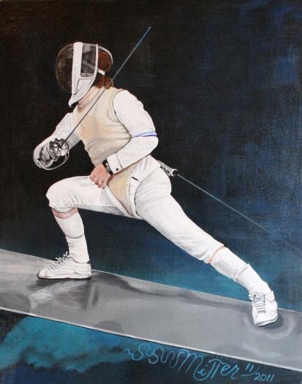 Ron Miller, Circa 1970, Fencing Foil, 16" x 20" Acrylic on canvas, by Susun Miller