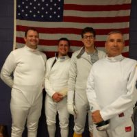 epee fencers, flag, Ben Fouty, Francis Cicchini, Lars Hansen, Kevin DiCassio, UNC, NCFDP