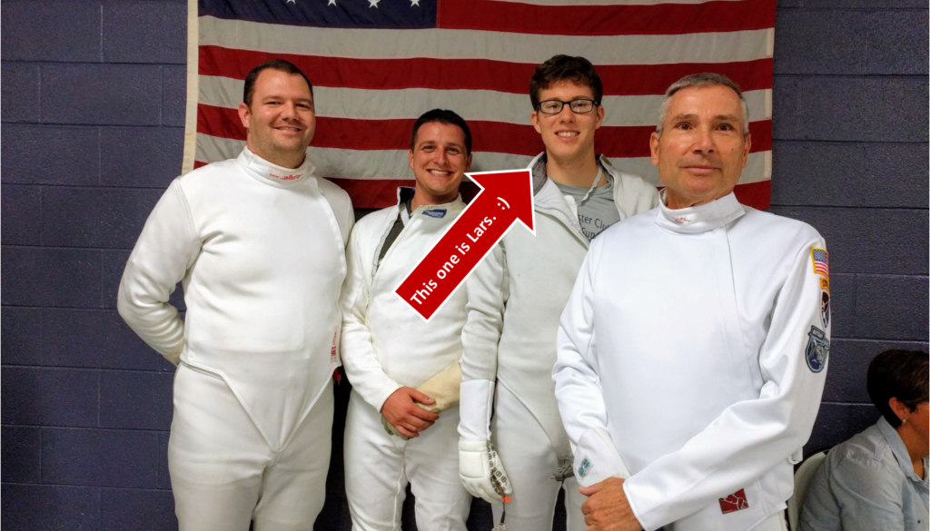 epee fencers, pointing to Lars, UNC